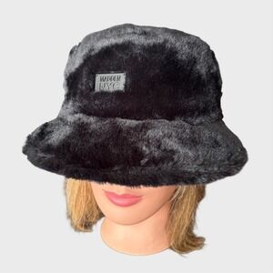 Steve Madden NYC Black Fuzzy Teddy Bear Bucket Hat Goth Grunge Funky Winter